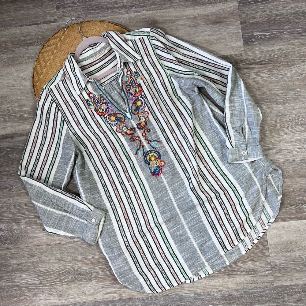 Soft surroundings striped‎ embroidered gauze cotton tunic blouse w/ pockets